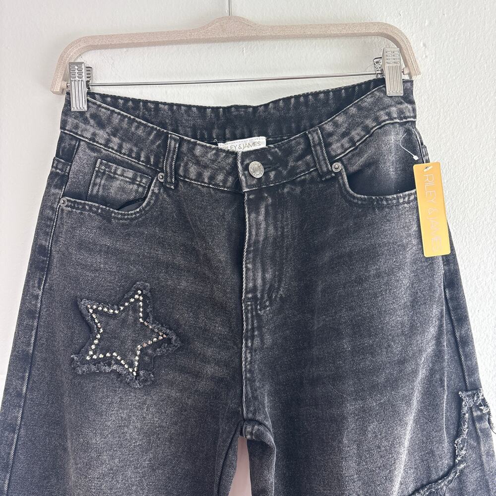 Riley & James Black Wide Leg Jeans Studded Star Distressed Size Small - Picture 3 of 7